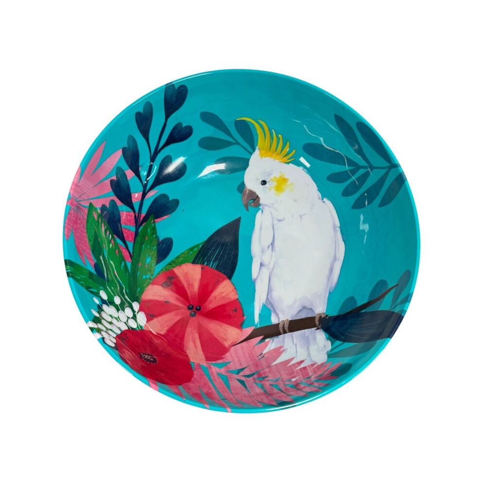 PIER 1 Pasta Bowl Blue Tropical Cockatoo Bird Melamine Salad Serving Large Dish
